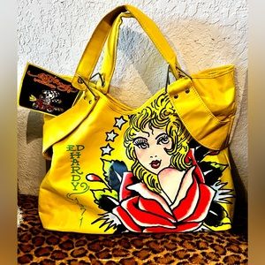 Ed Hardy Yellow Tote Bag with Graphic Design